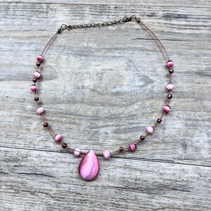 Pink Cat Eye Beaded Necklace Teardrop Pendant Delicate Y2K Style Jewelry Vintage